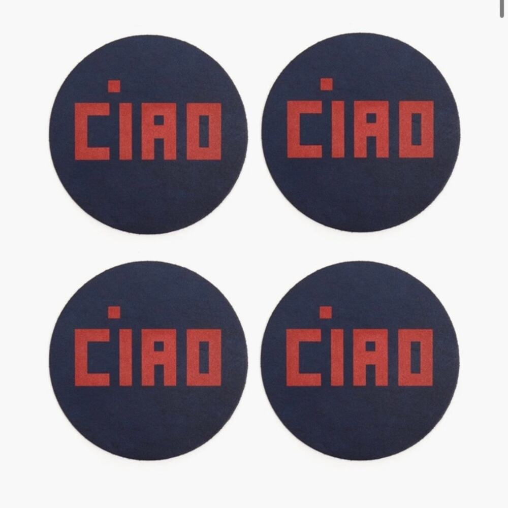 CLARE V Ciao Leather Coaster Set Cuoio Navy Red Set Of 4 Round NEW Gift Holiday